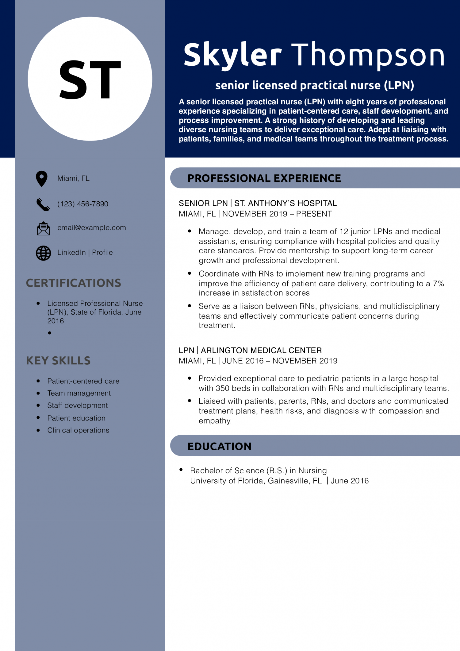 Experienced Licensed Practical Nurse Resume Example
