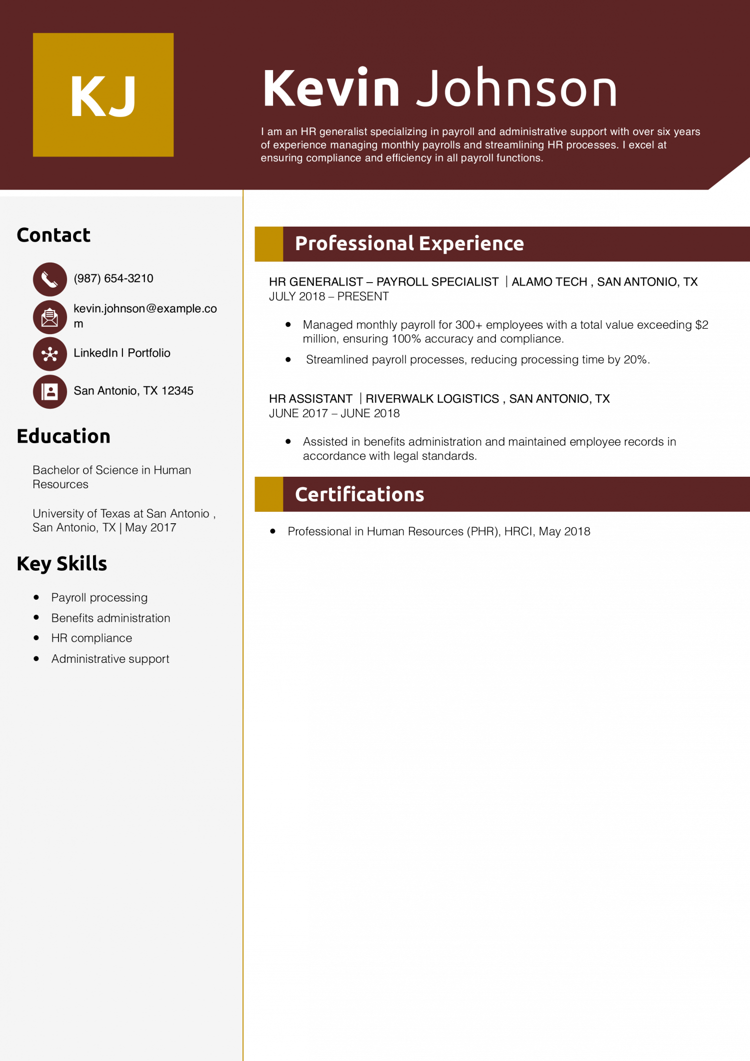 HR Generalist Payroll and Administration Resume Example