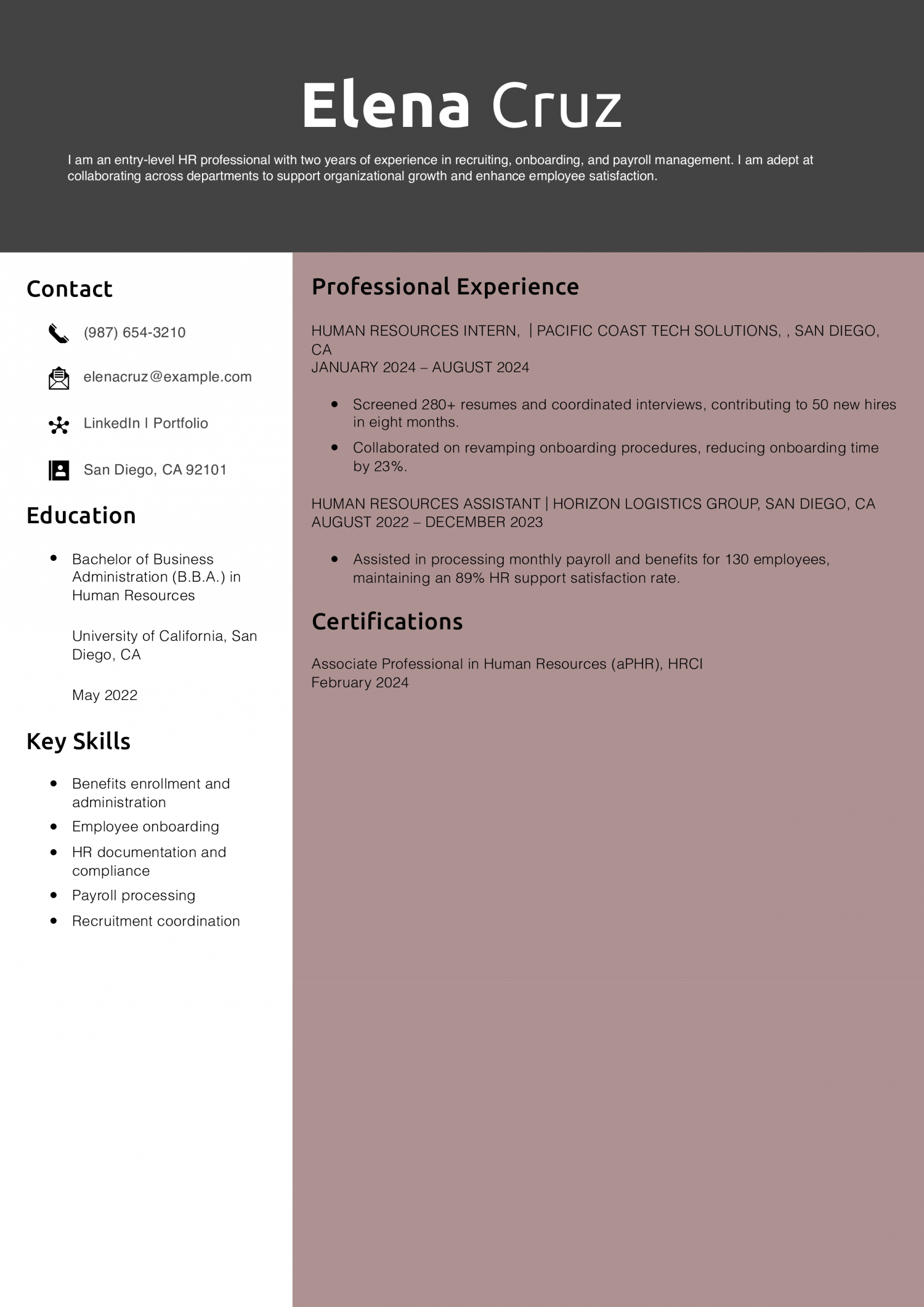 Entry-Level HR Generalist Resume Example