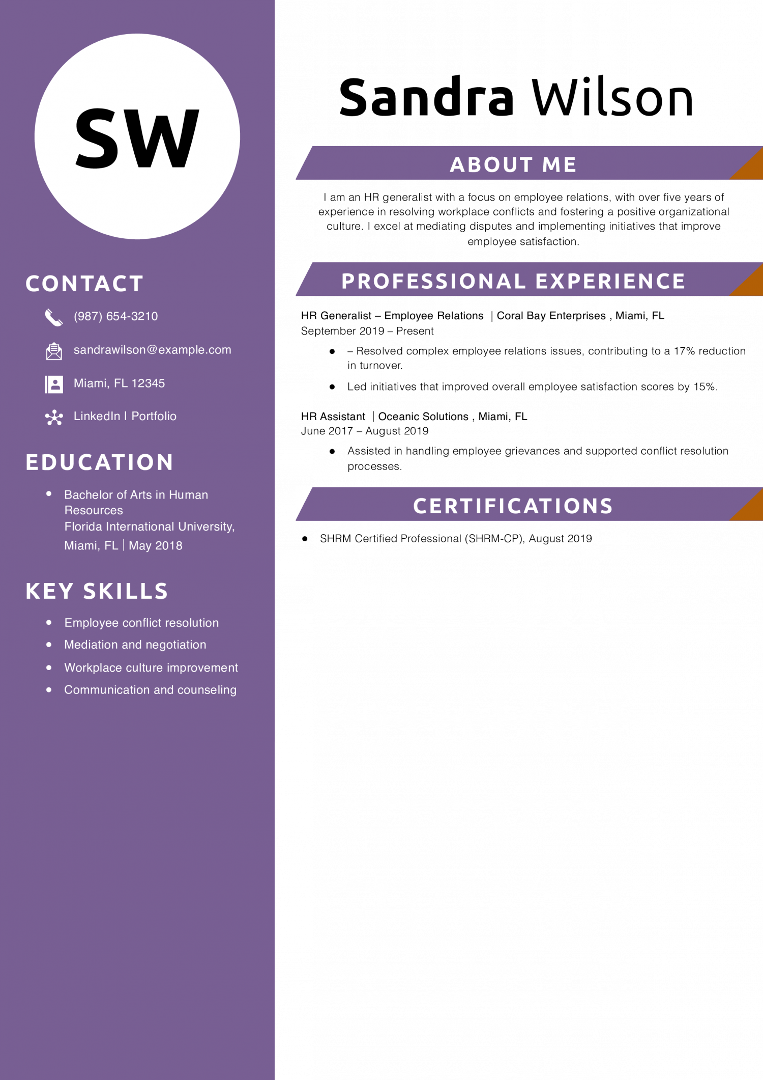 HR Generalist Employee Relations Resume Example