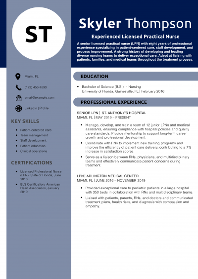 Experienced Licensed Practical Nurse Resume Example