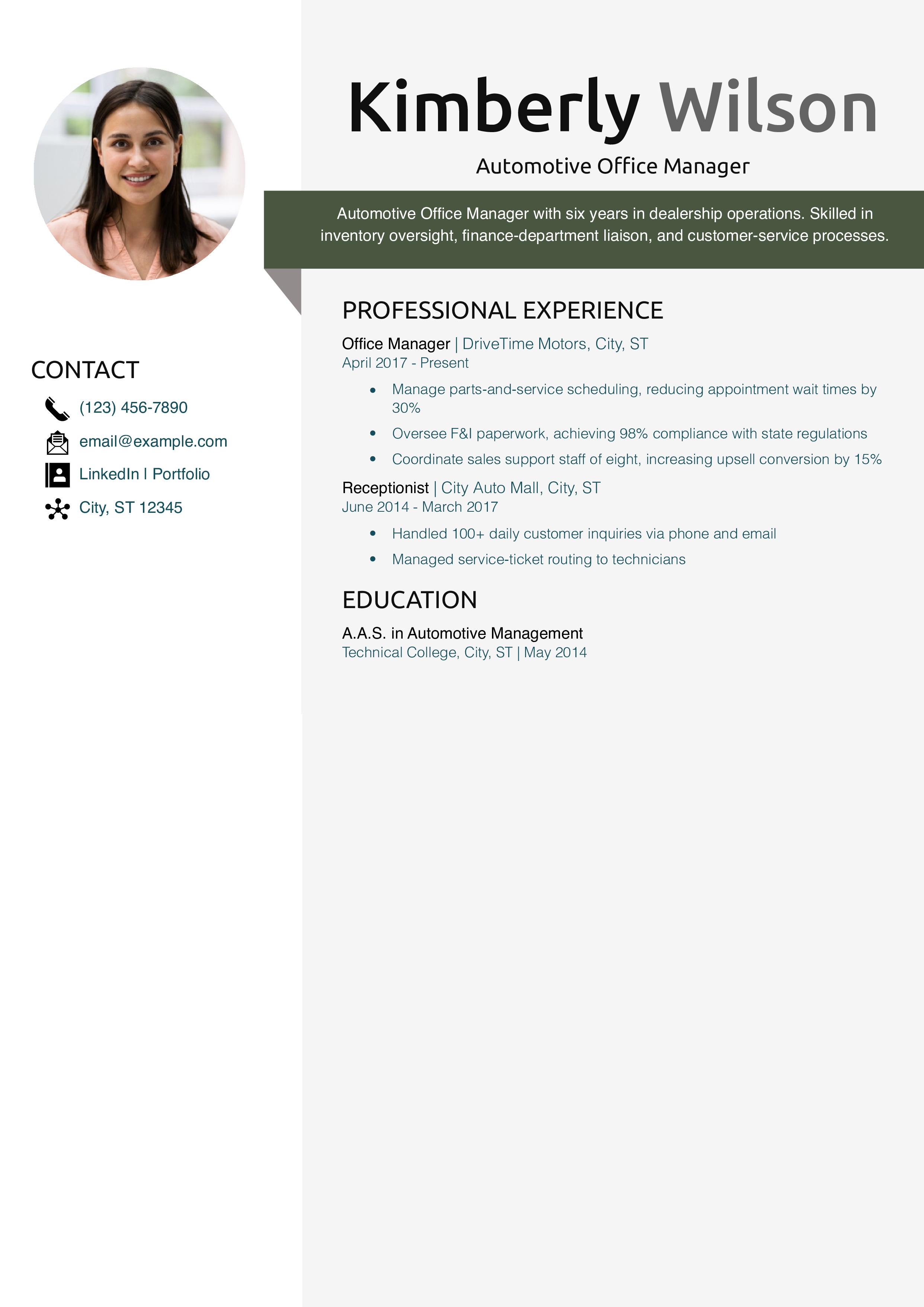 Automotive Office Manager Resume Example