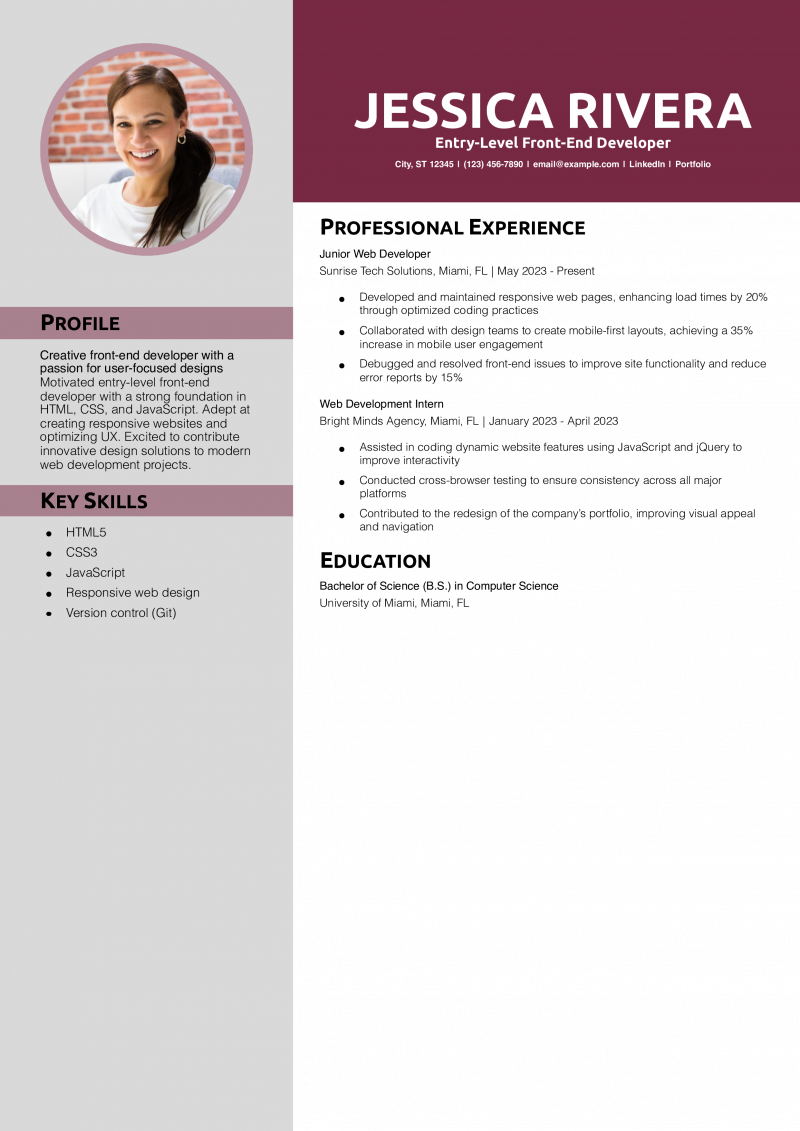 Entry-Level Front-End Developer Resume Example