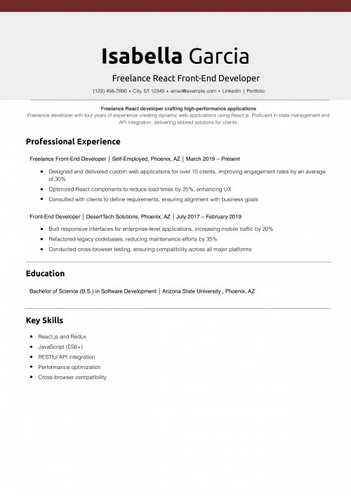 Freelance React Front-End Developer Resume Example