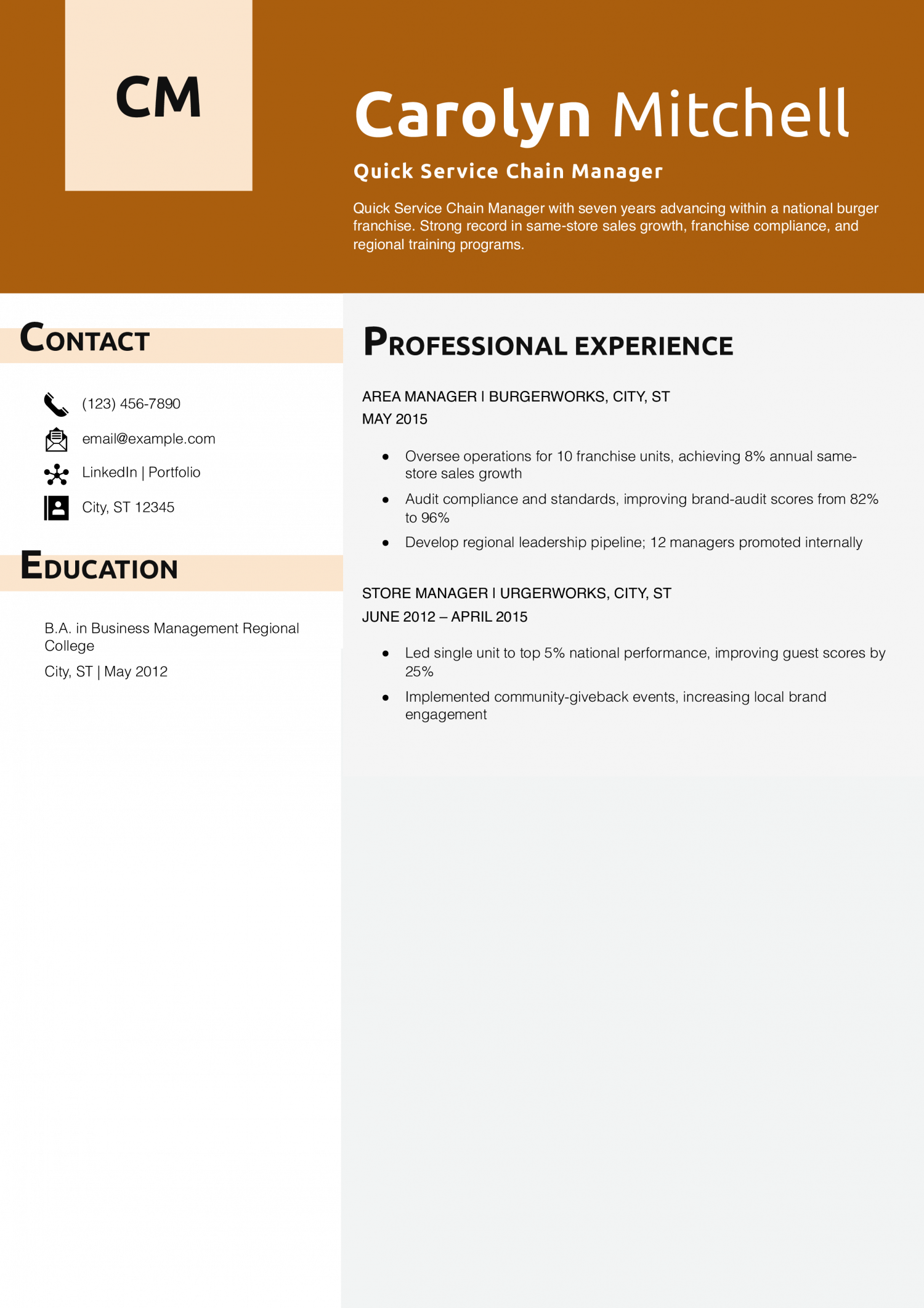 Quick Service Chain Manager Resume Example