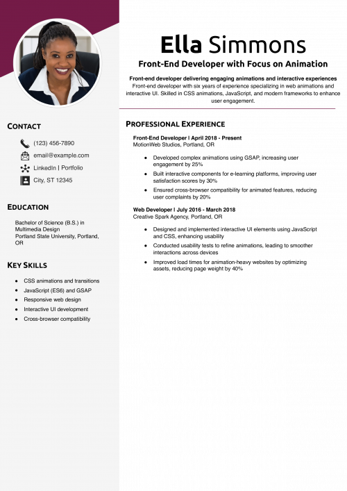 Front-End Developer with Focus on Animation Resume Example