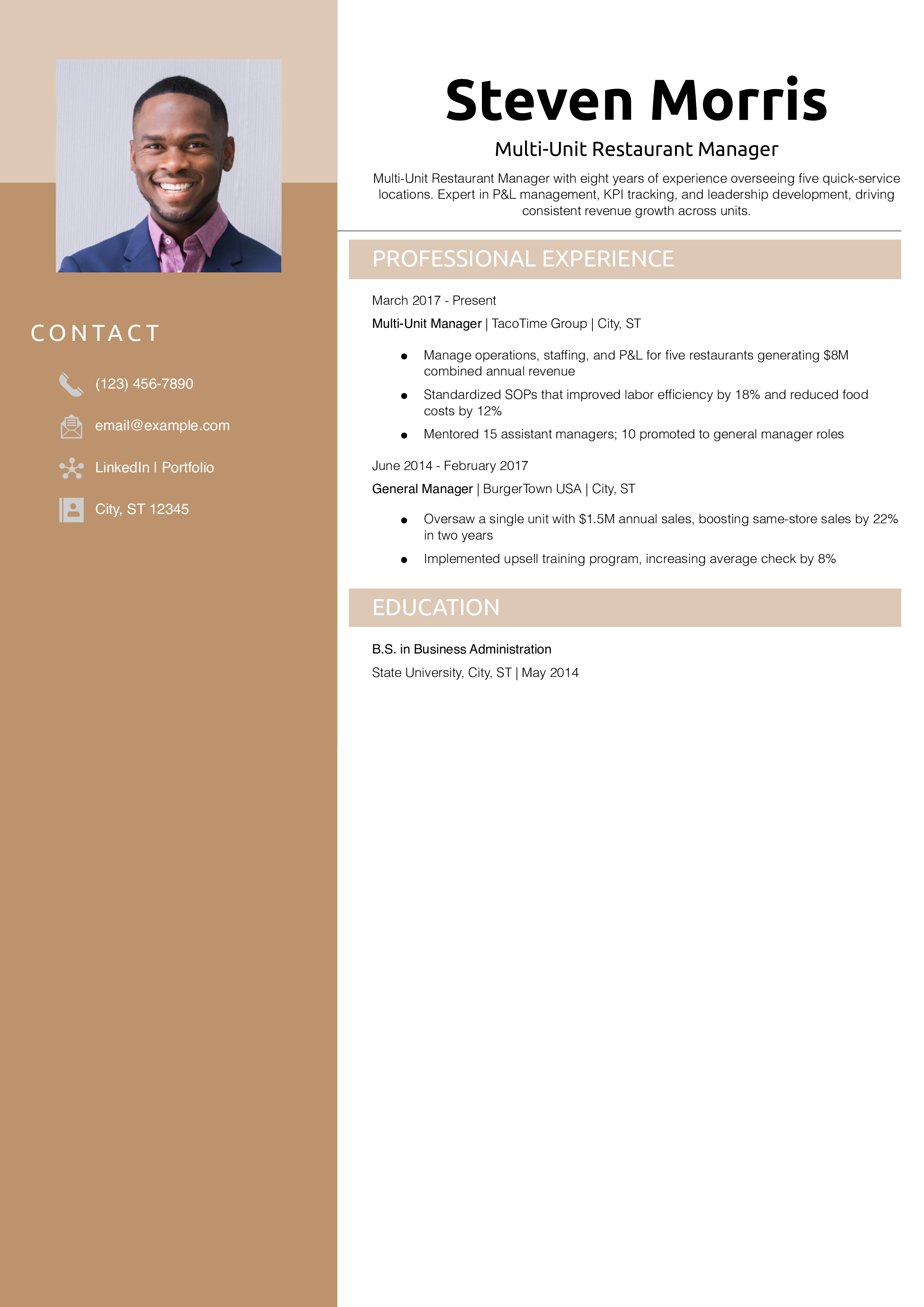 Multi-Unit Restaurant Manager Resume Example