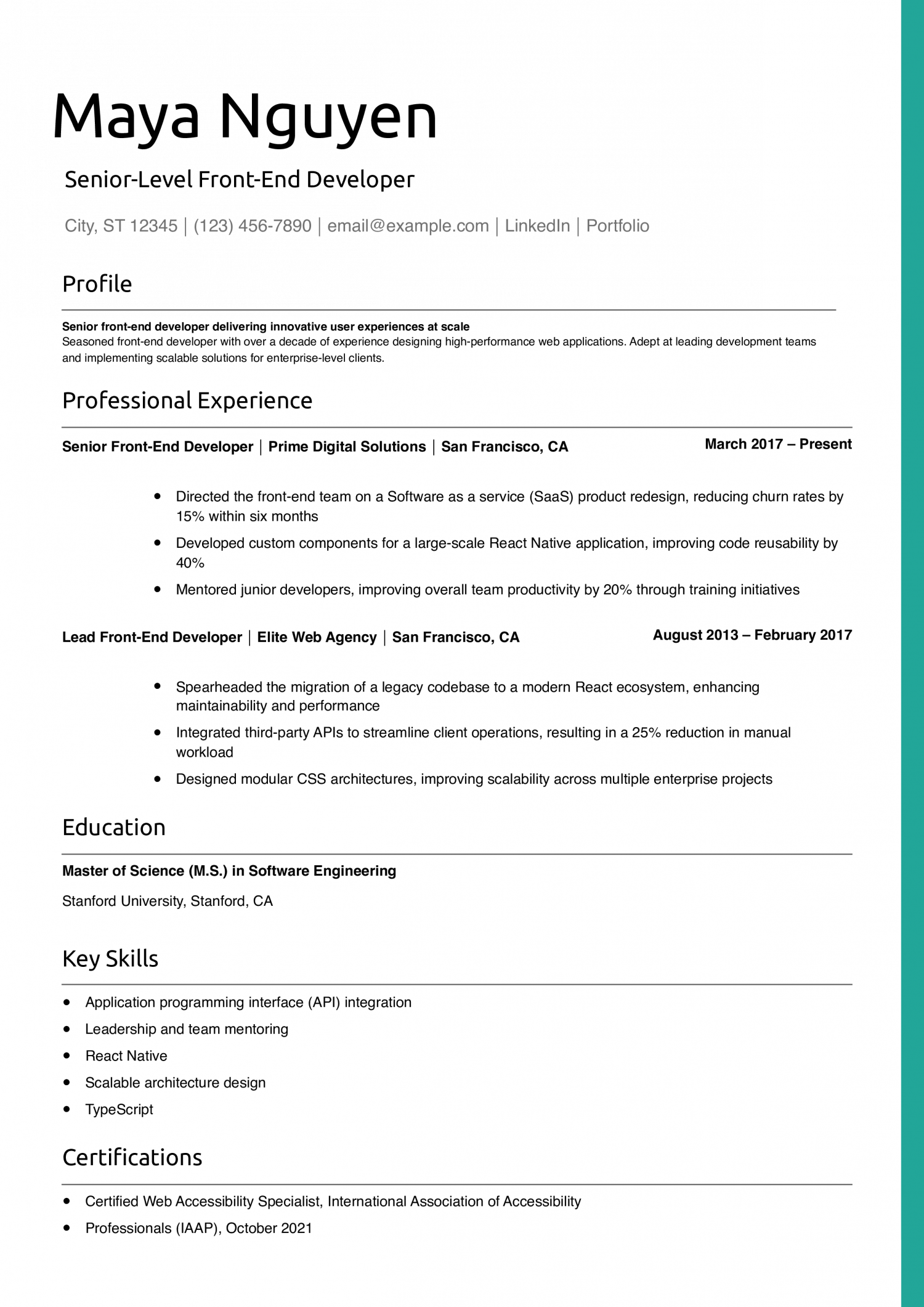 Senior-Level Front-End Developer Resume Example