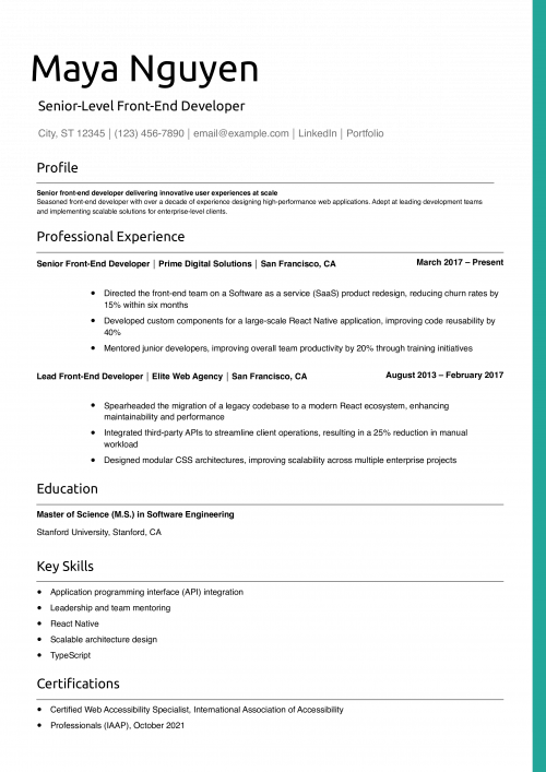 Senior-Level Front-End Developer Resume Example
