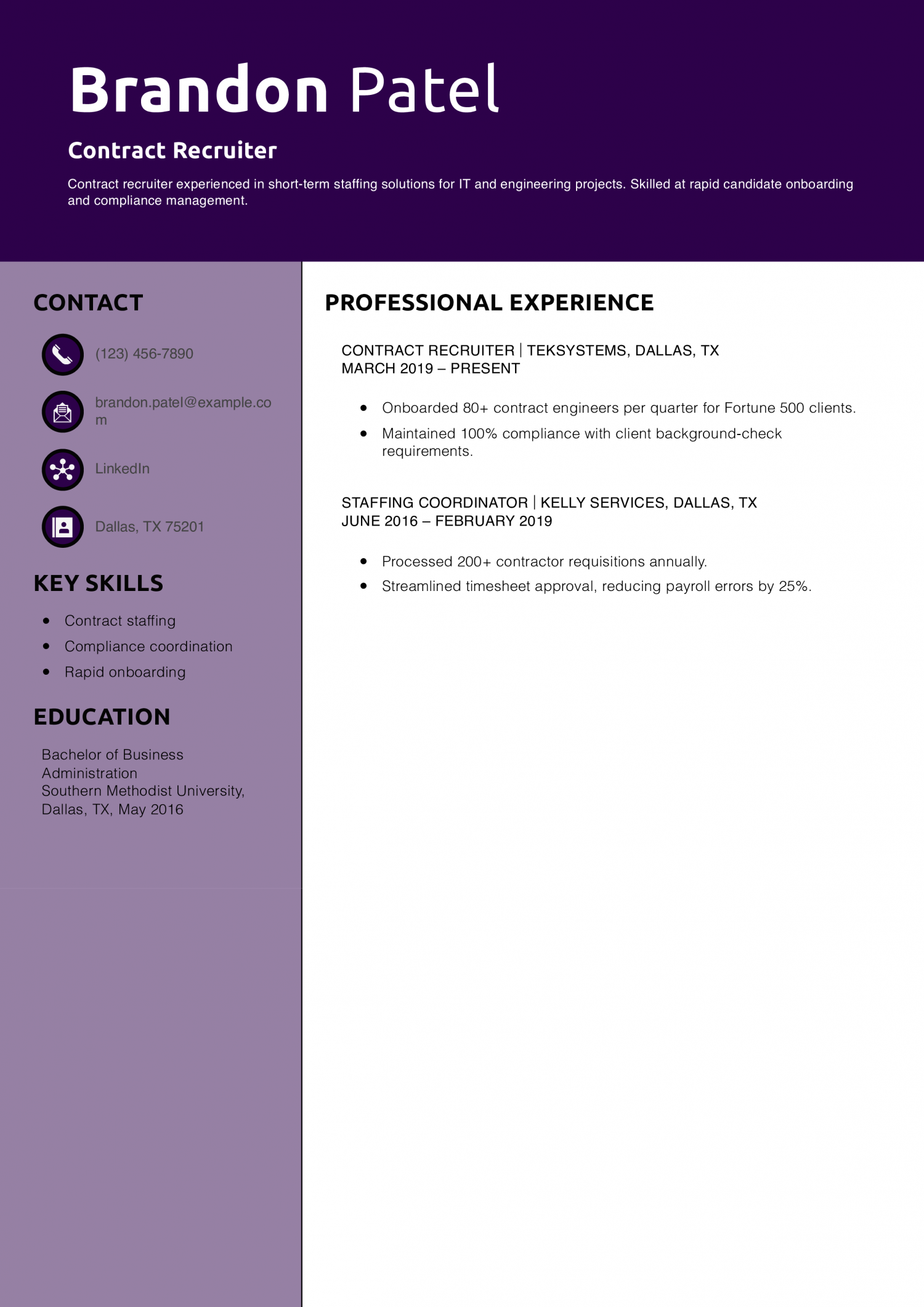 Contract Recruiter Resume Example