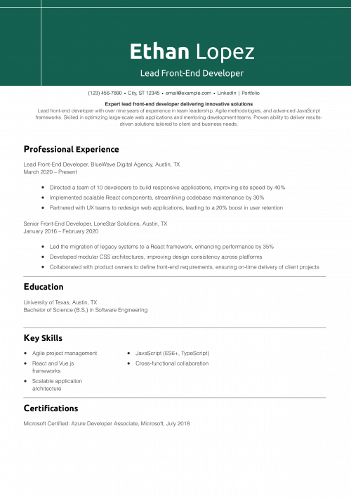 Lead Front-End Developer Resume Example