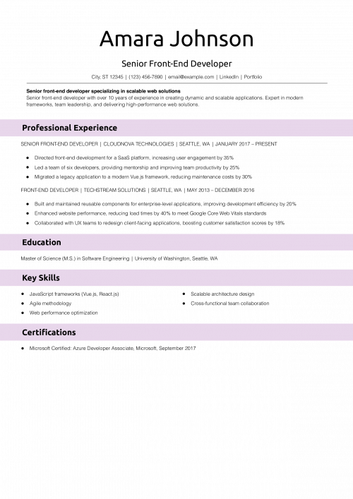 Senior Front-End Developer Resume Example