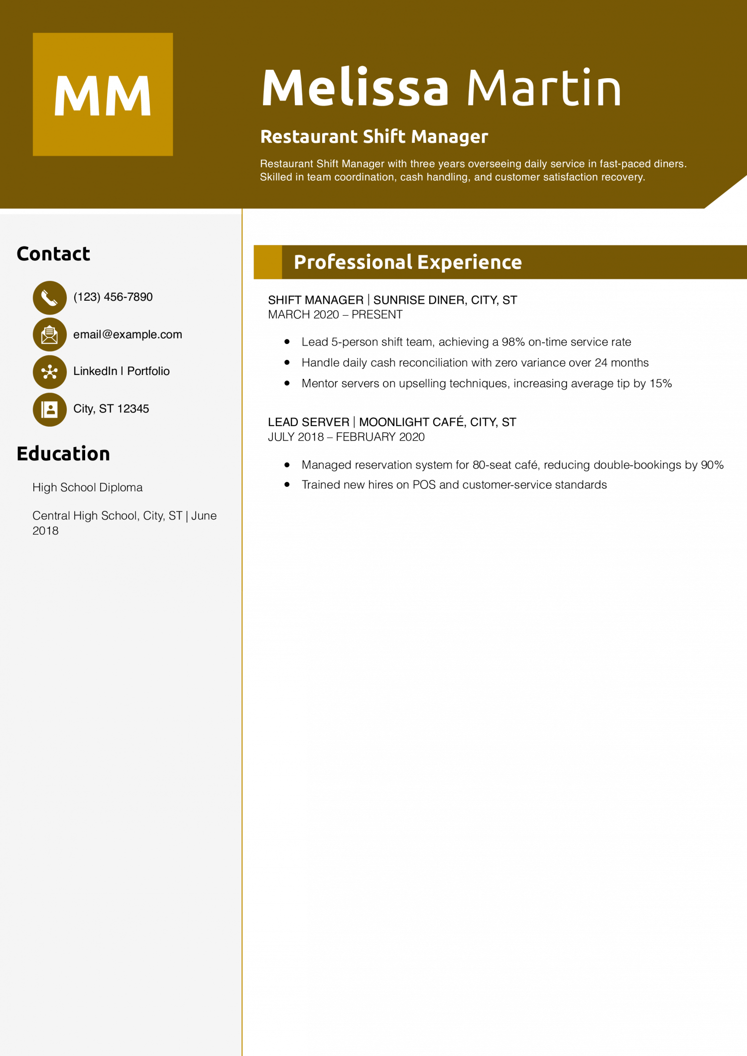 Restaurant Shift Manager Resume Example