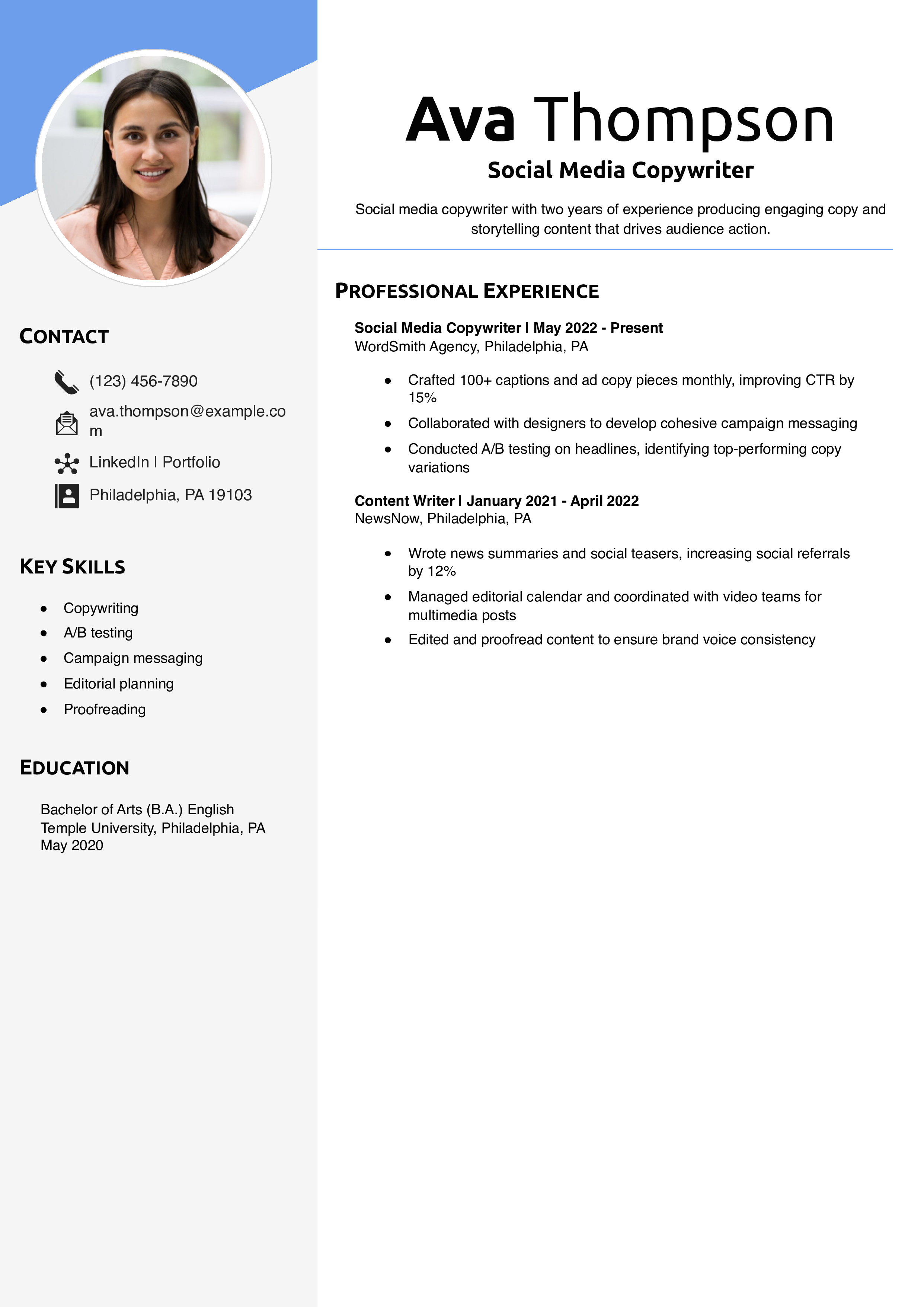 Social Media Copywriter Resume Example