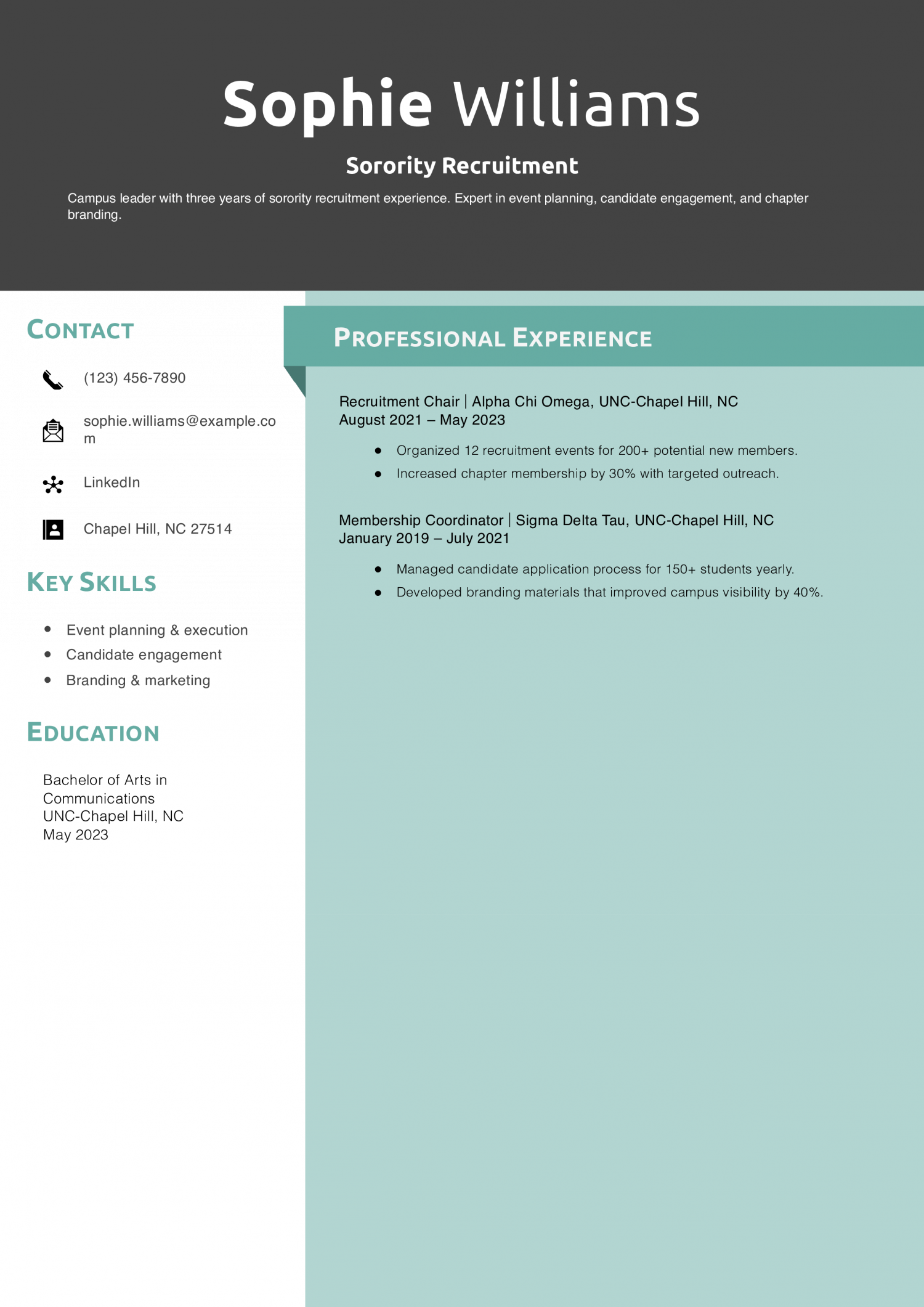 Sorority Recruitment Resume Example