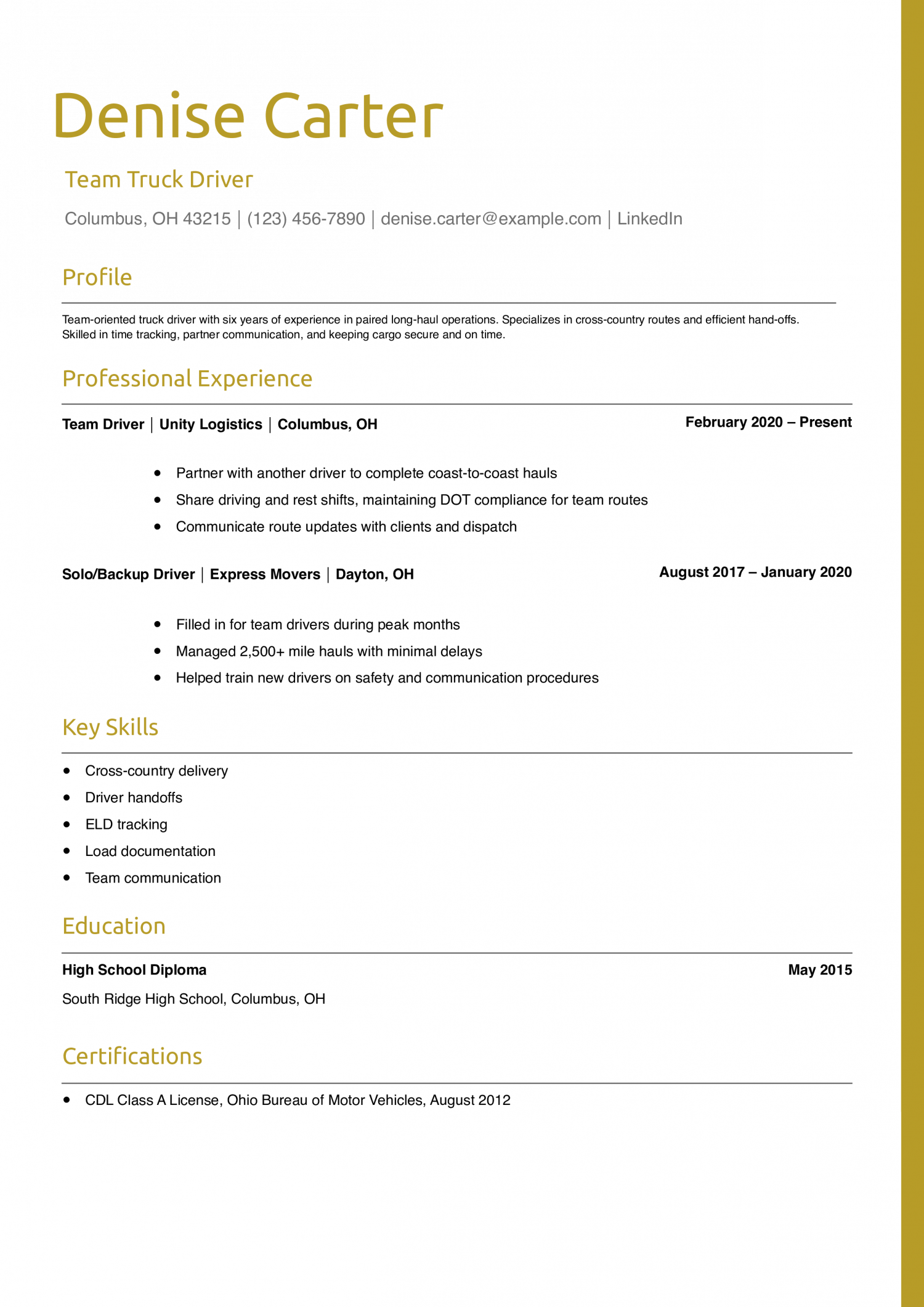 Team Truck Driver Resume