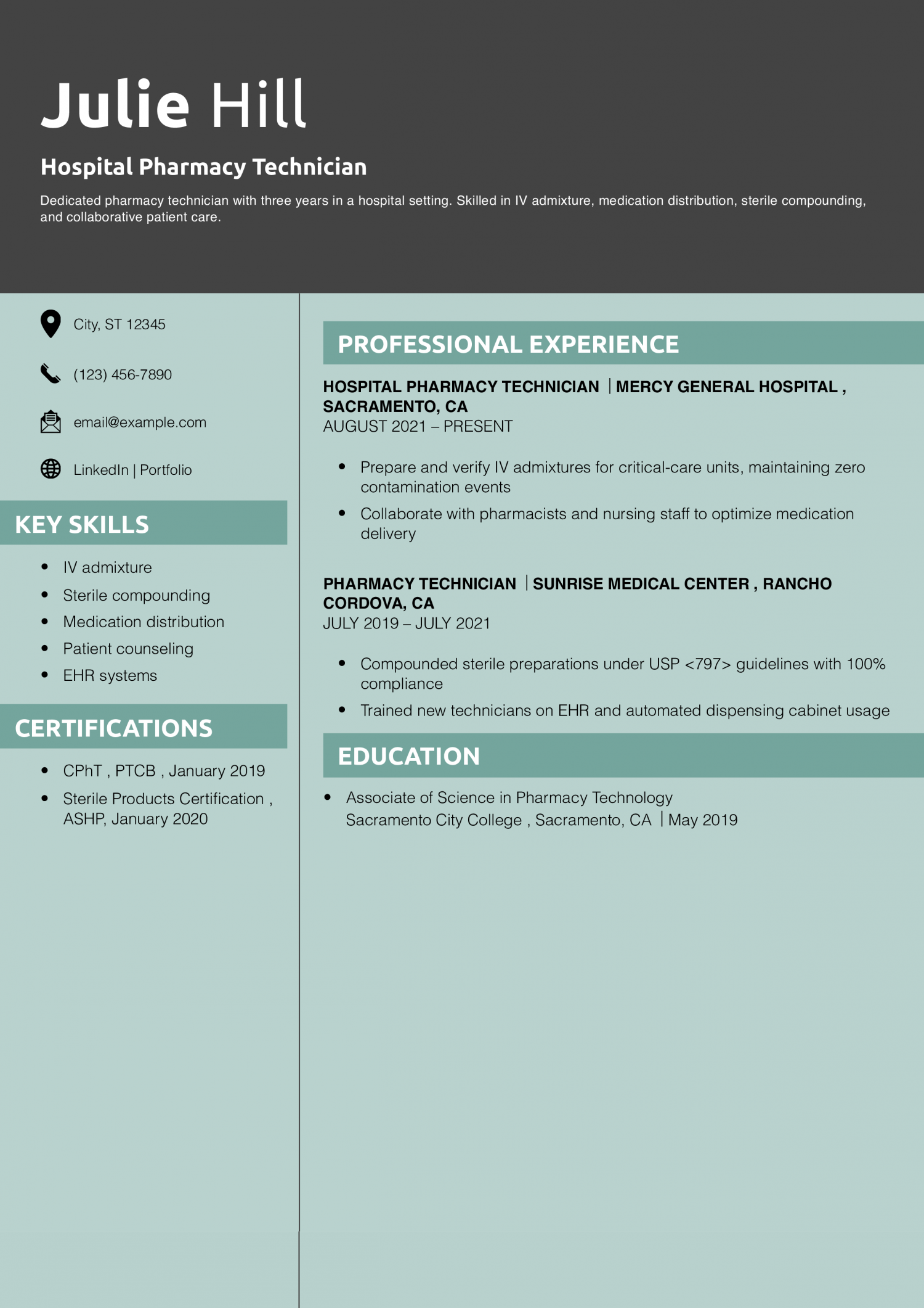 Hospital Pharmacy Technician Resume Example