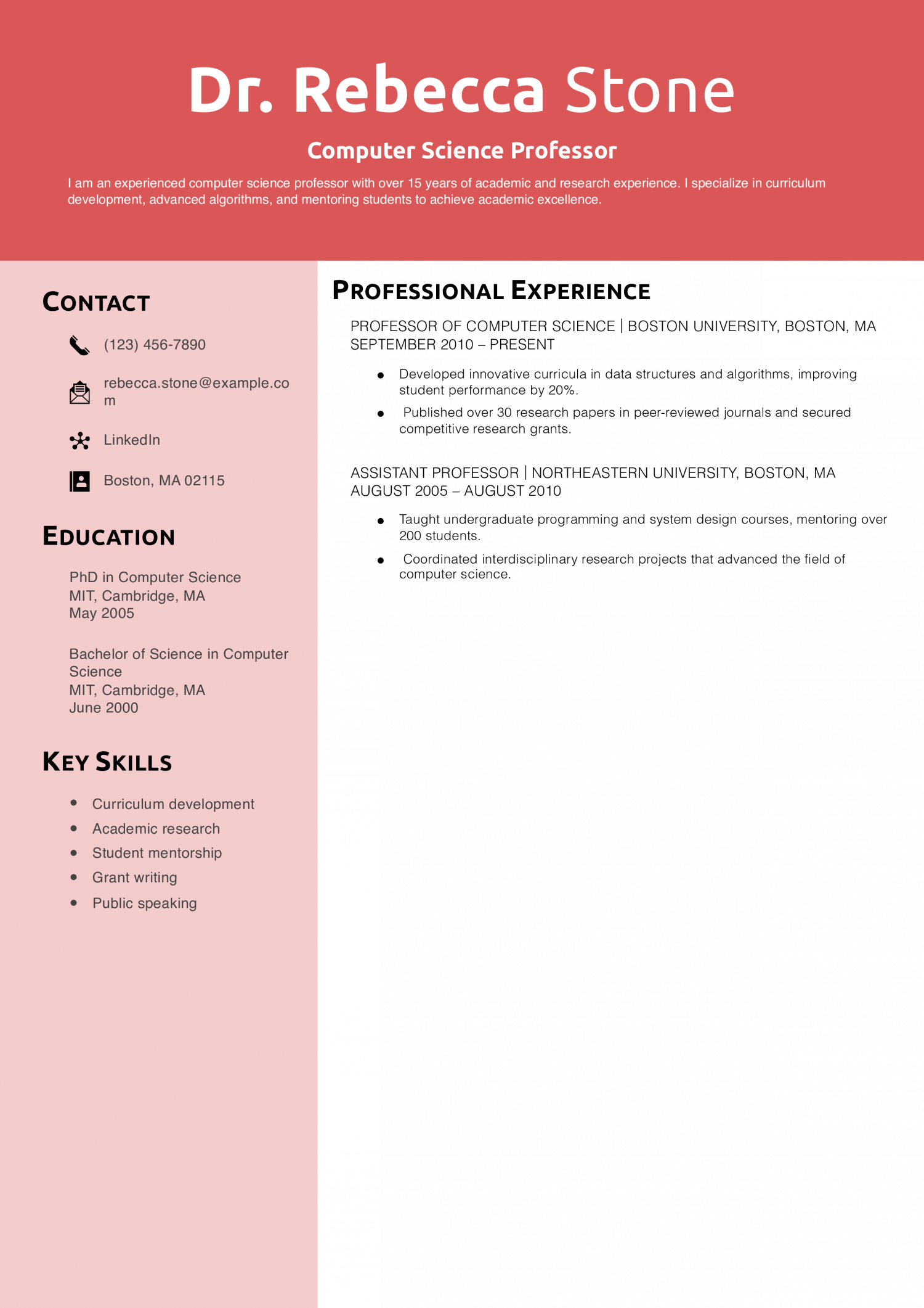 Computer Science Professor Resume Example