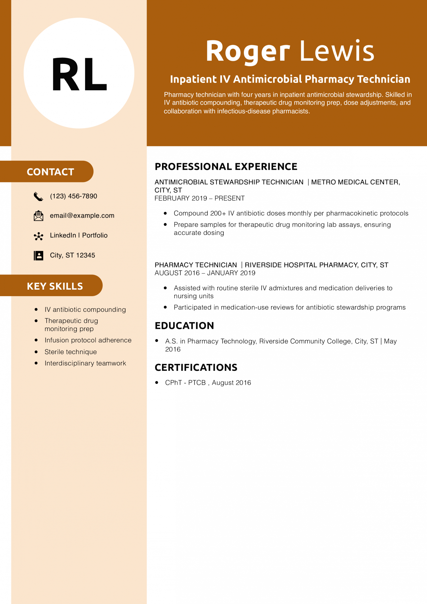 Inpatient IV Antimicrobial Pharmacy Technician Resume Example