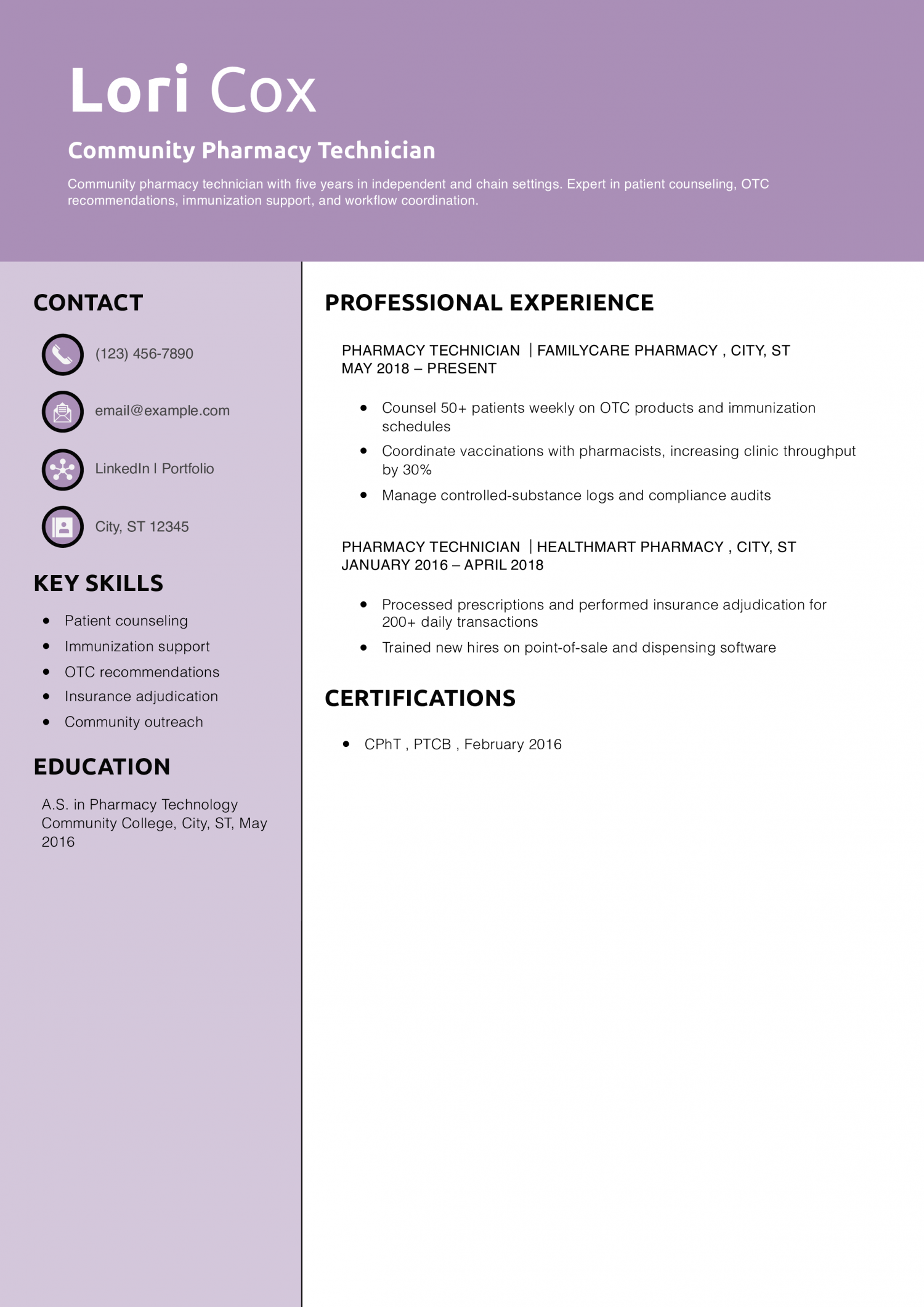 Community Pharmacy Technician Resume Example