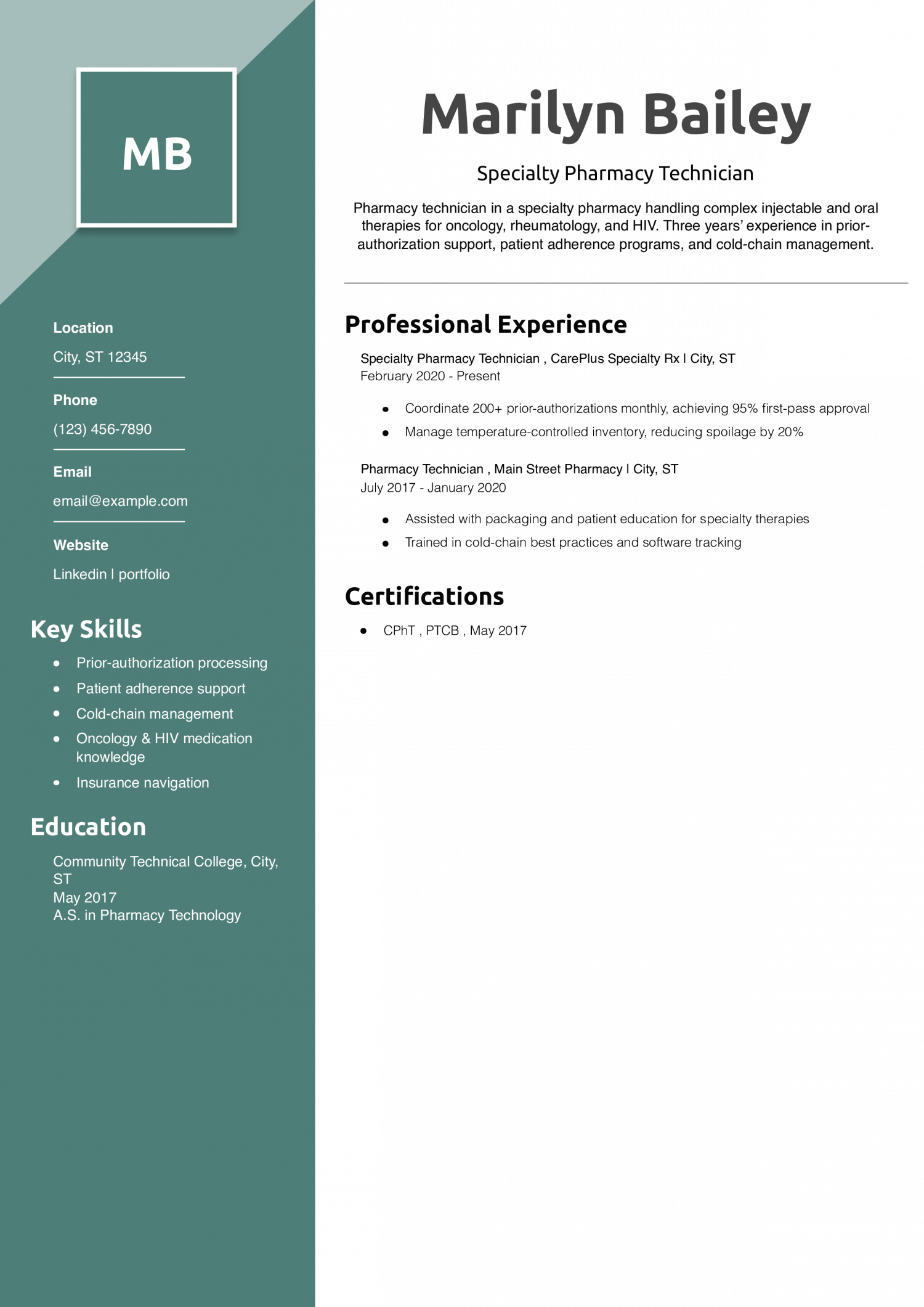 Specialty Pharmacy Technician Resume Example