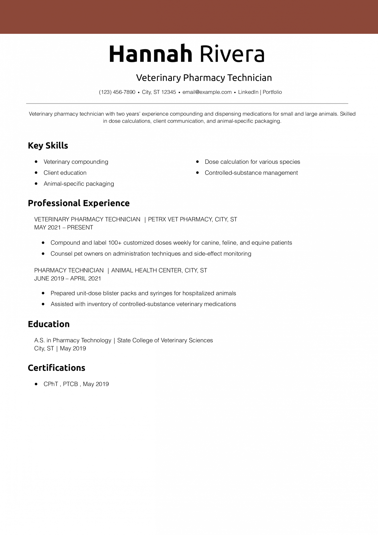Veterinary Pharmacy Technician Resume Example