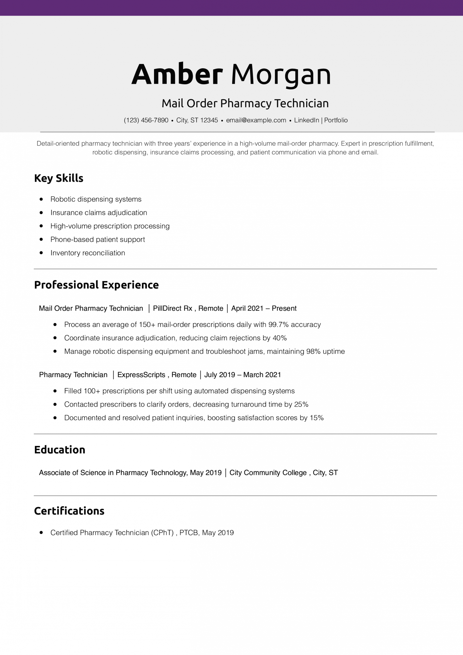 Mail Order Pharmacy Technician Resume Example