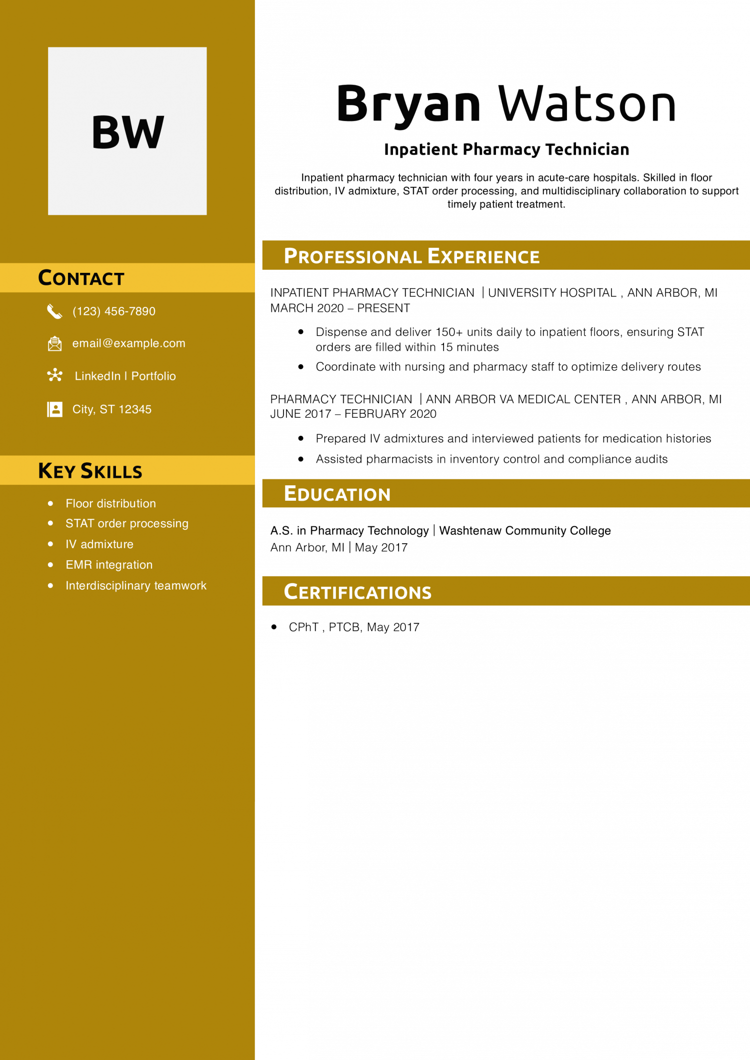 Inpatient Pharmacy Technician Resume Example