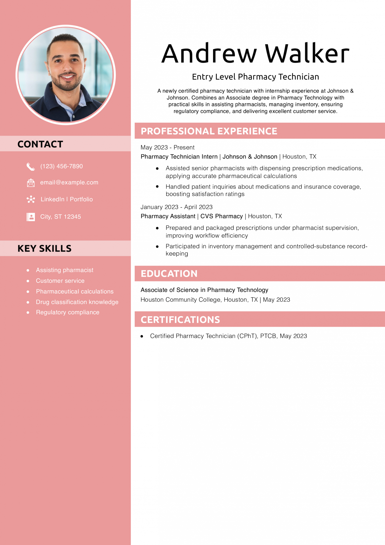 Entry Level Pharmacy Technician Resume Example