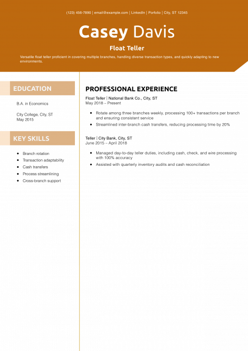 Float Teller Resume Example