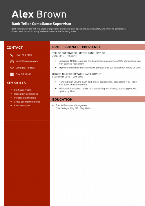 Bank Teller Compliance Supervisor Resume Example