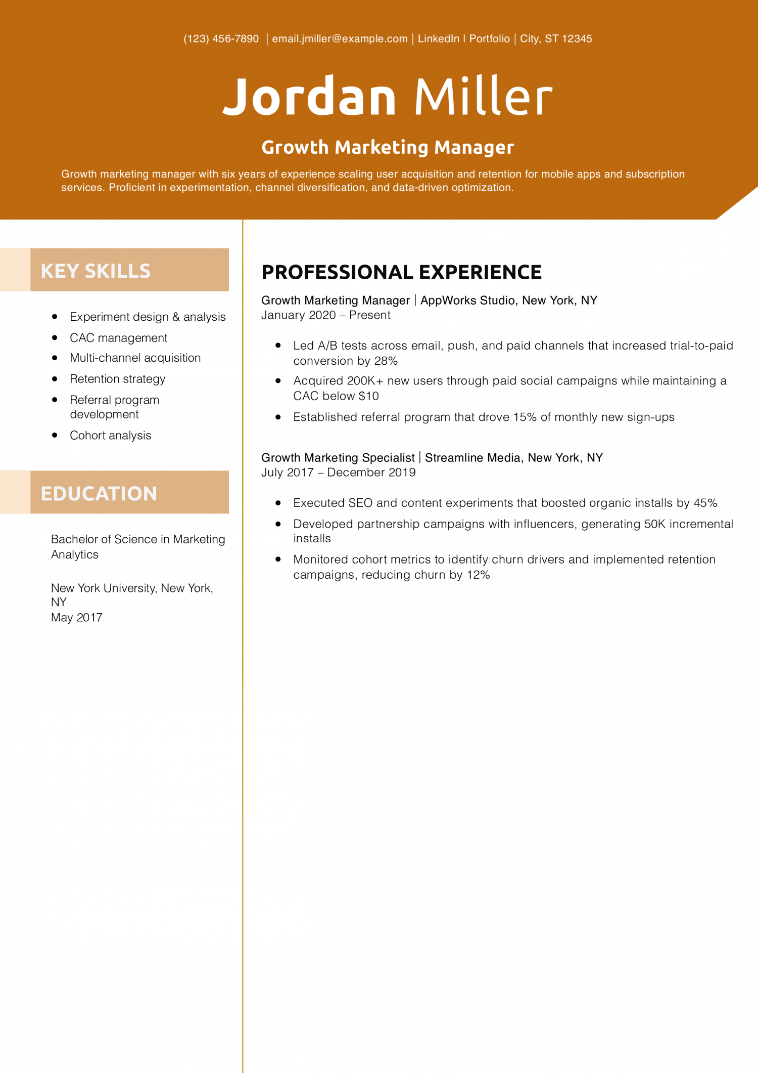 Growth Marketing Manager Resume Example