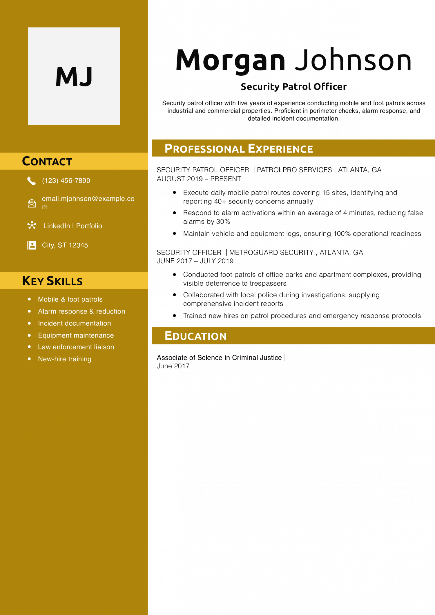 Security Patrol Officer Resume Example
