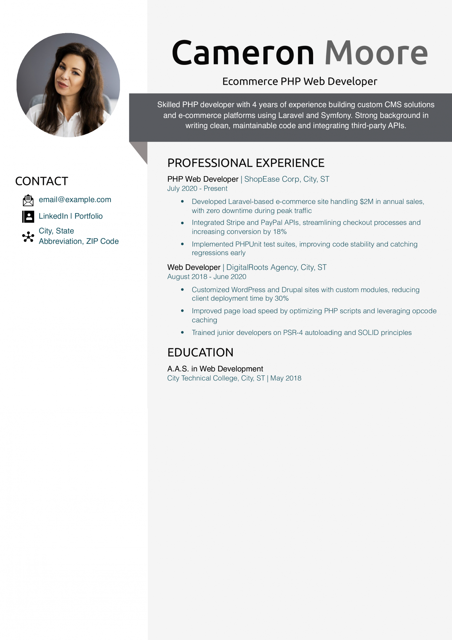 Ecommerce PHP Web Developer Resume Example
