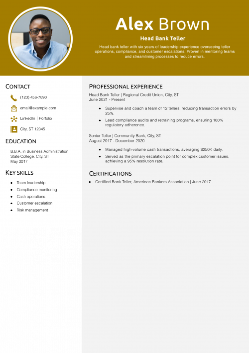 Head Bank Teller Resume Example