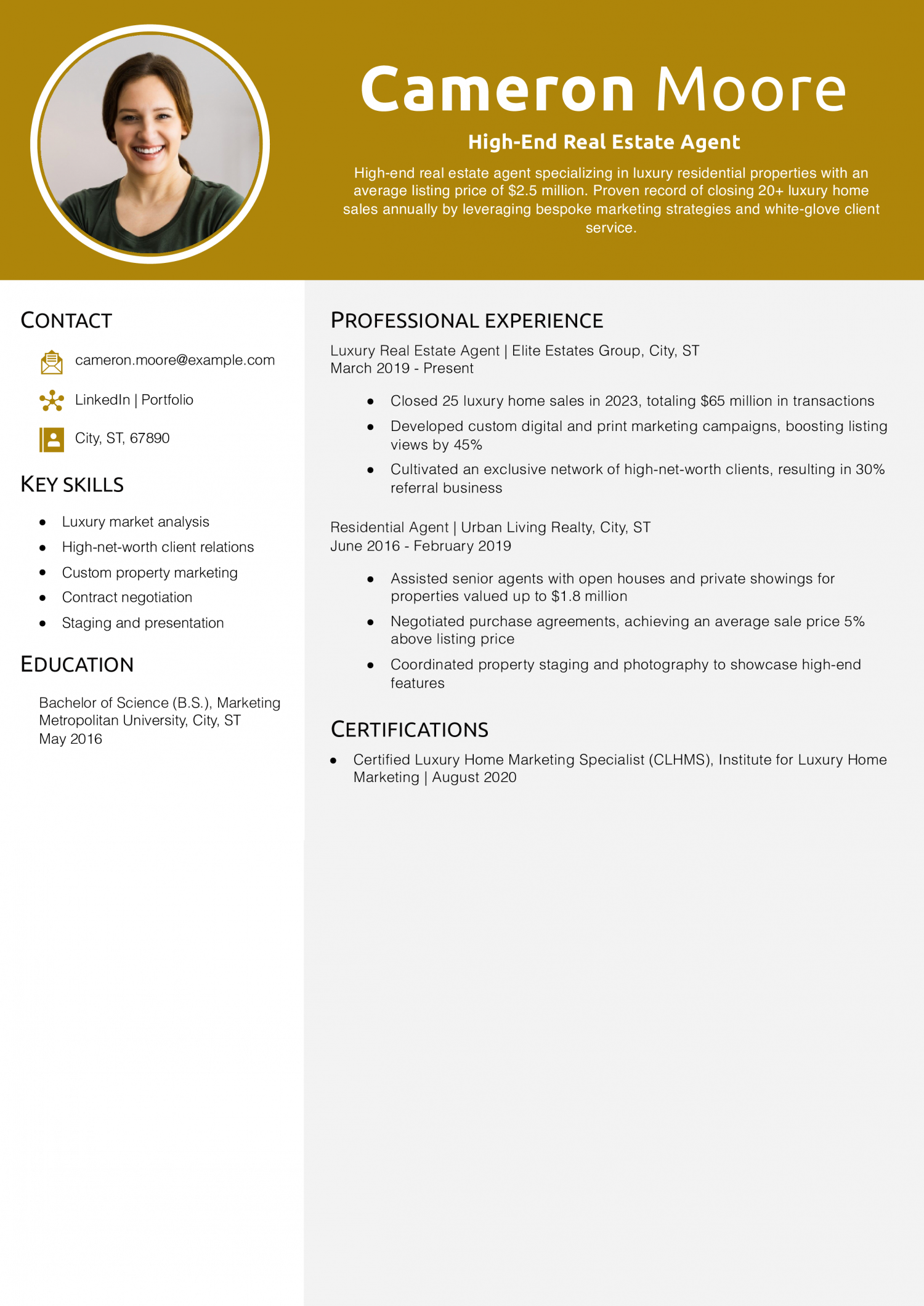 High-End Real Estate Agent Resume Example