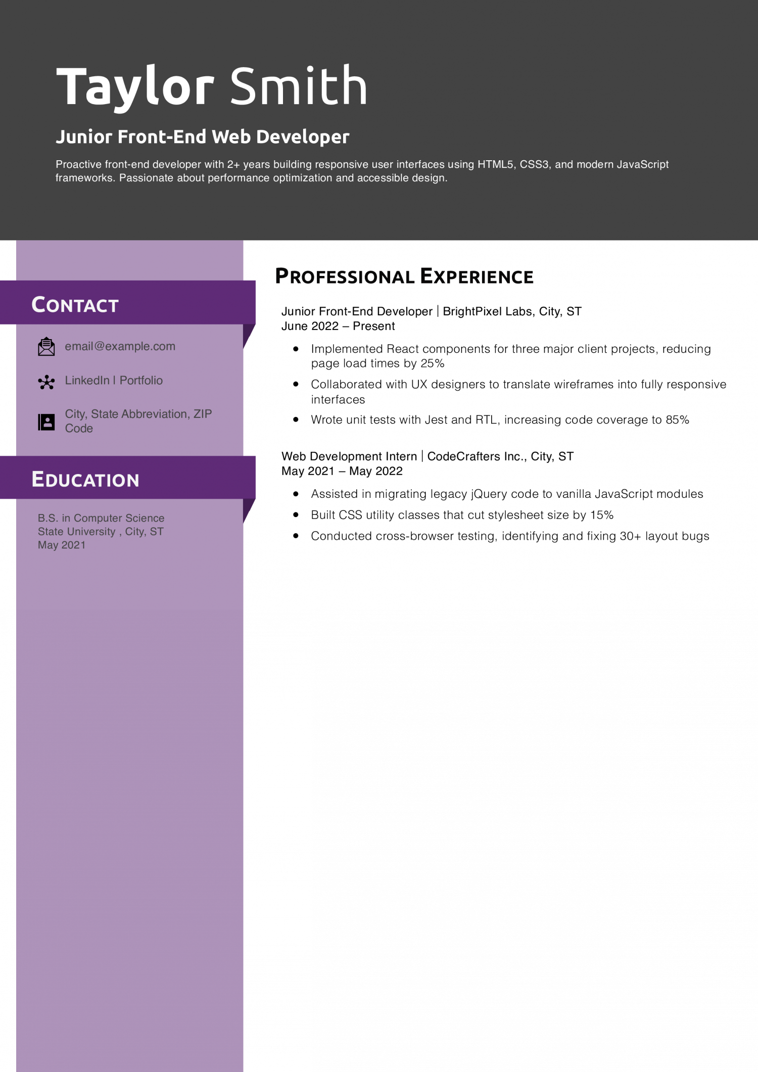 Junior Front-End Web Developer Resume Example