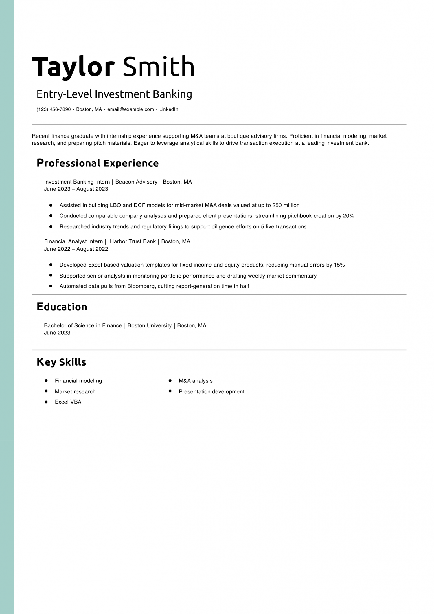Entry-Level Investment Banking Resume Example