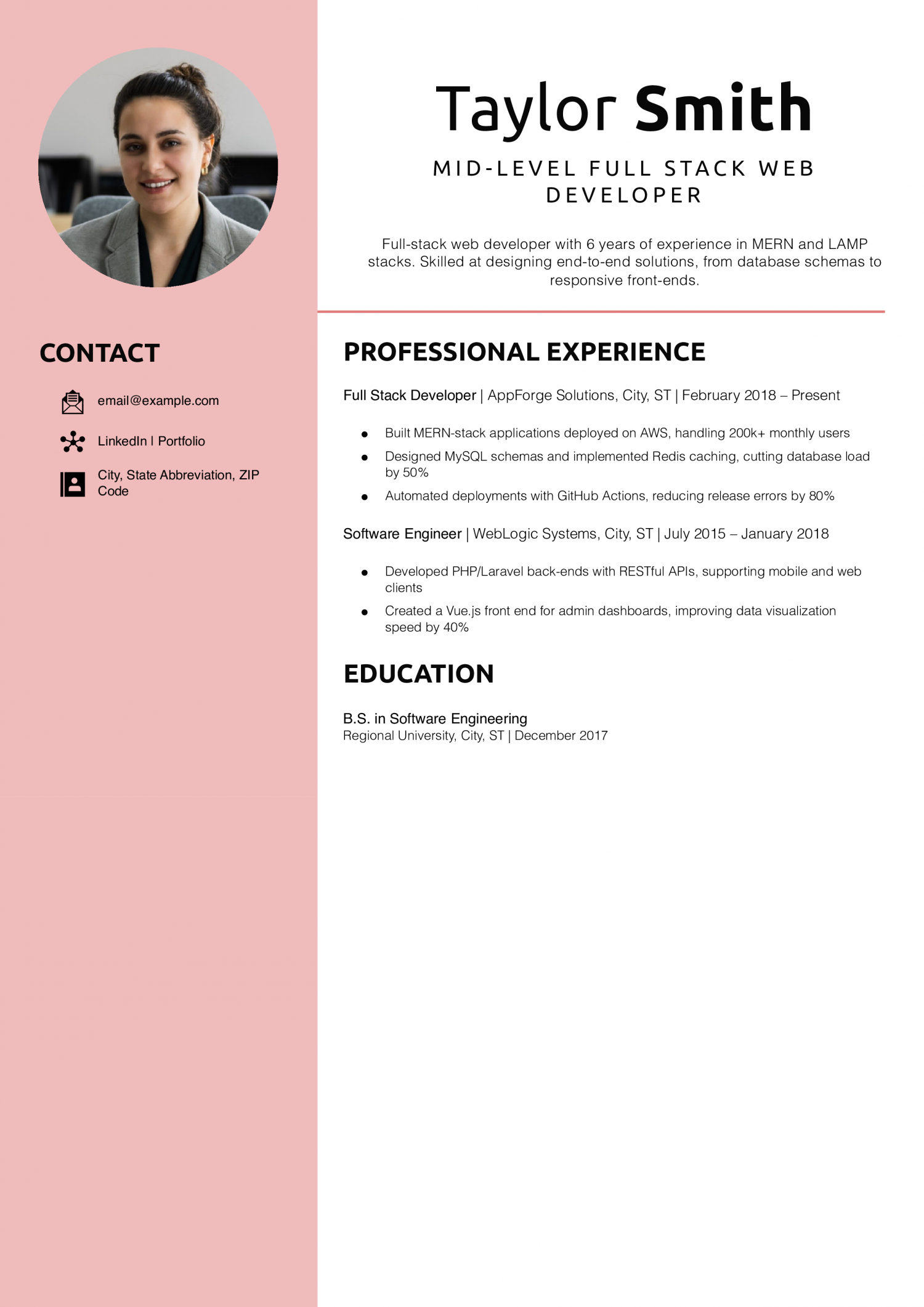 Mid-Level Full Stack Web Developer Resume Example