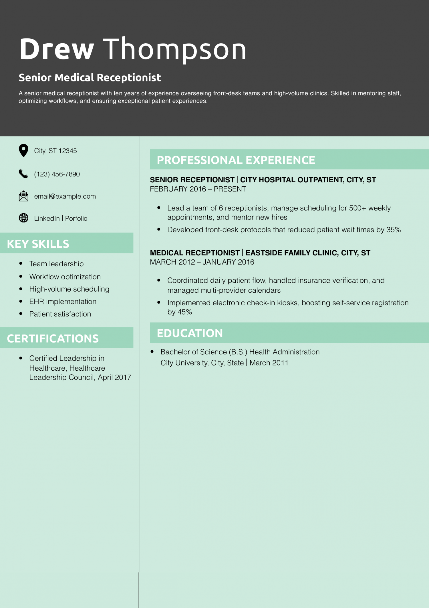 Senior Medical Receptionist Resume Example