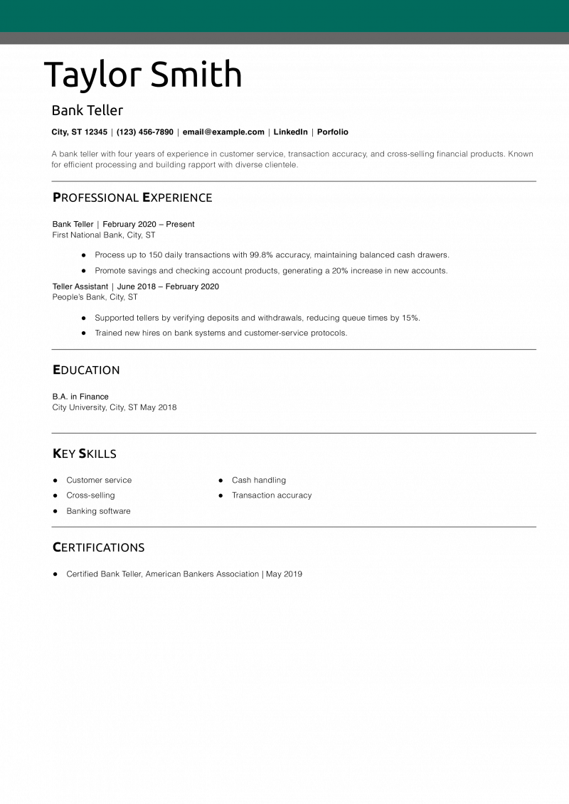 Bank Teller Resume Example