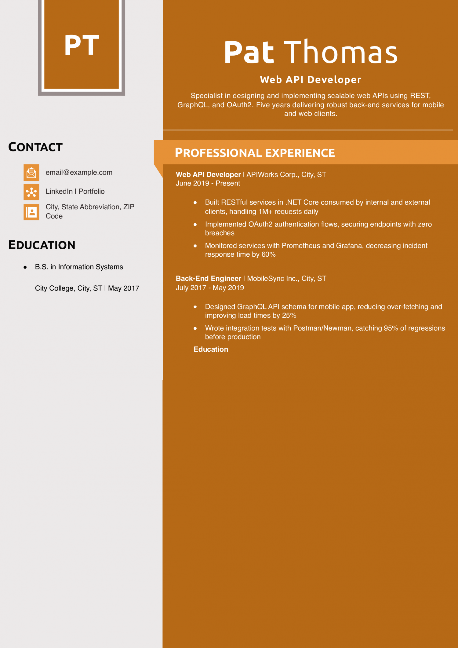 Web API Developer Resume Example