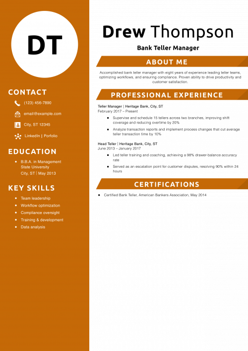 Bank Teller Manager Resume Example