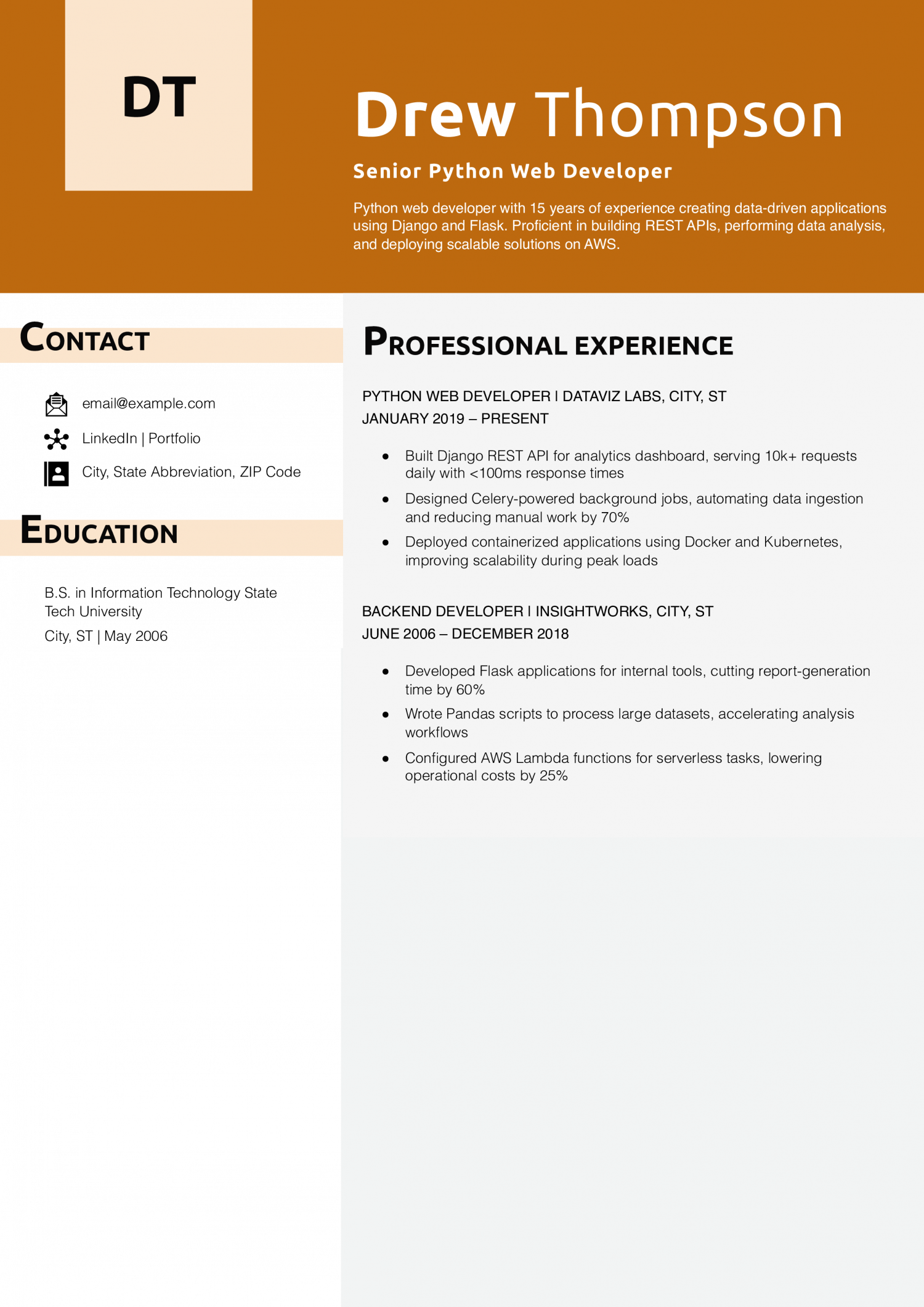 Senior Python Web Developer Resume Example