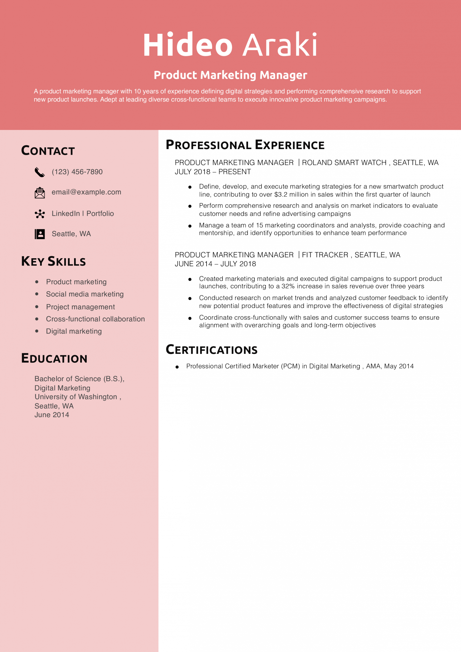 Product Marketing Manager Resume Example