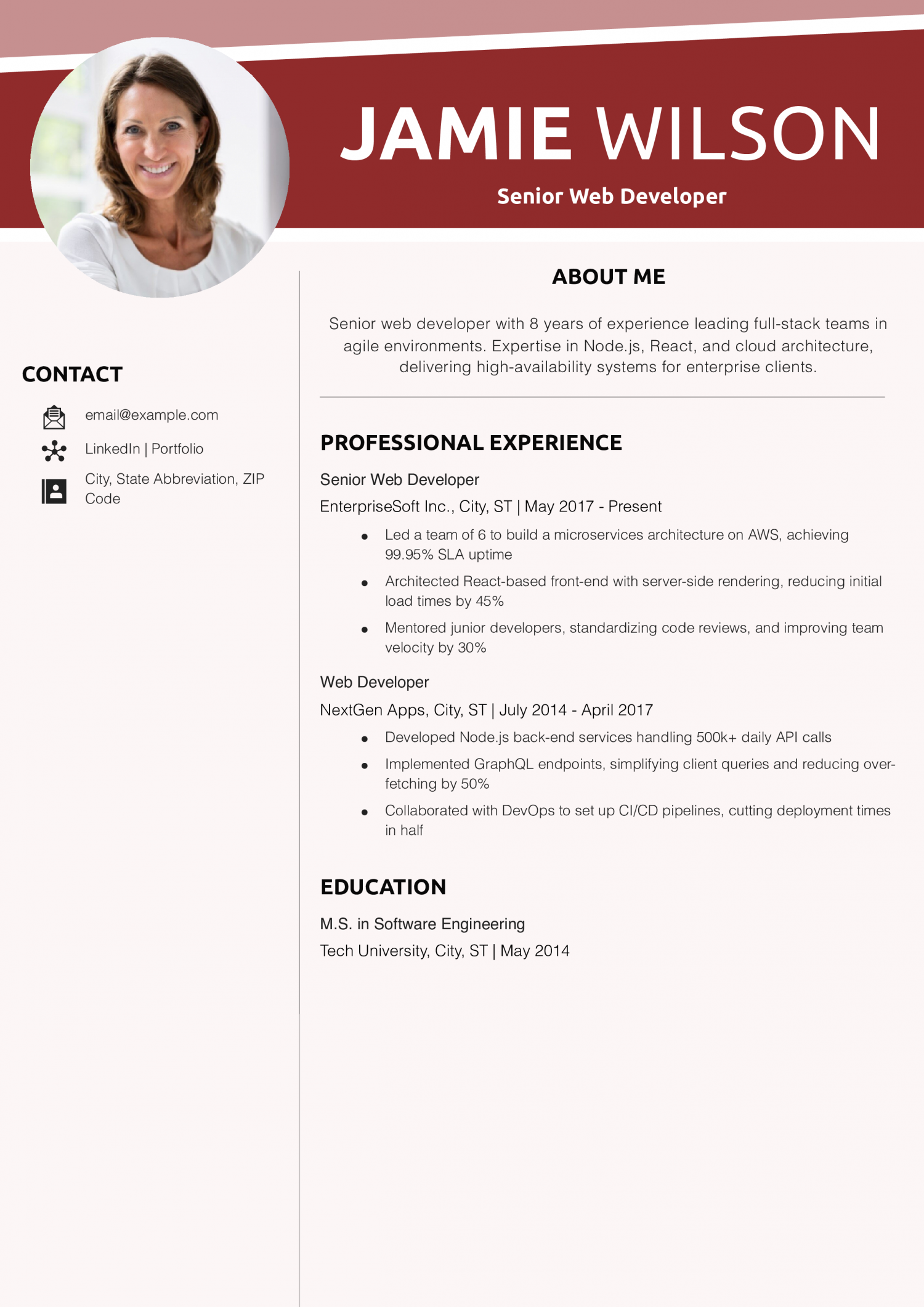 Senior Web Developer Resume Example
