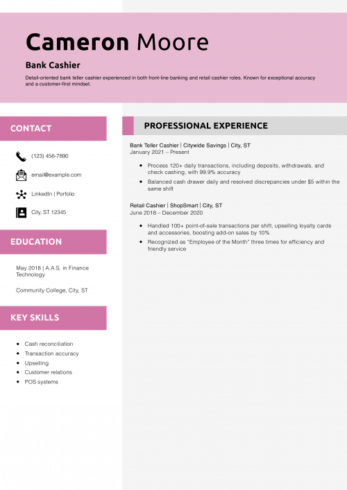 Bank Cashier Resume Example