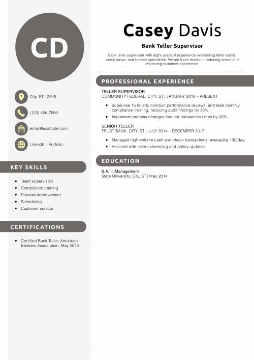 Bank Teller Supervisor Resume Example