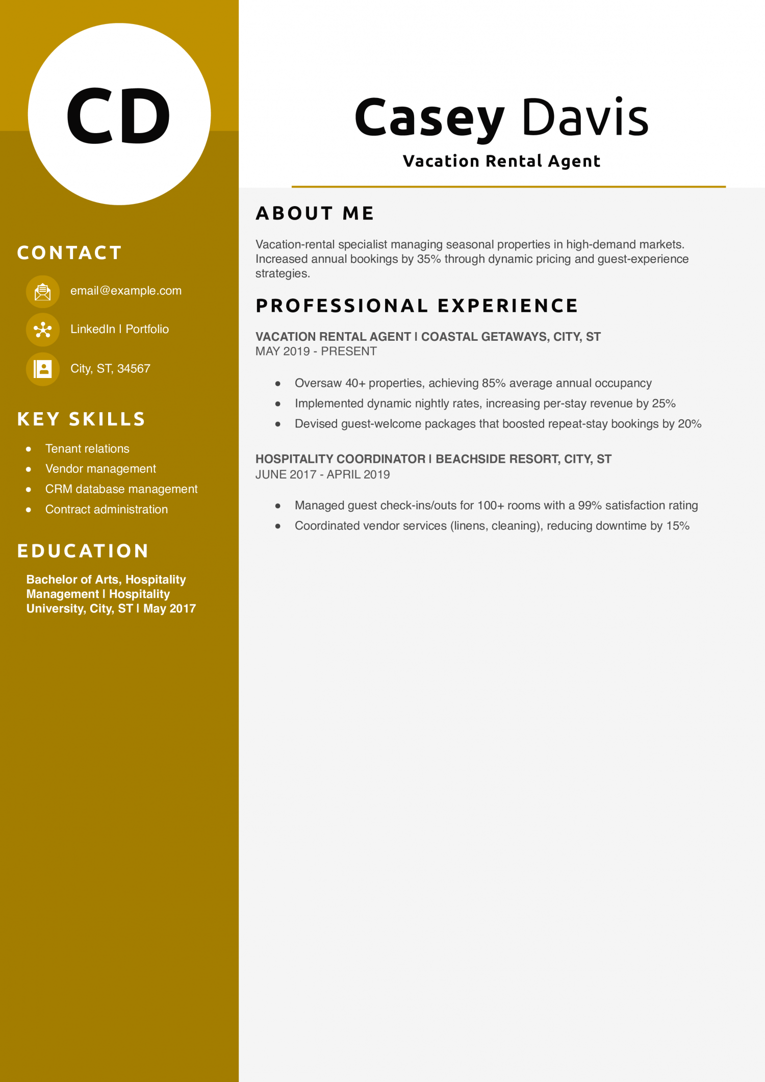 Vacation Rental Agent Resume Example