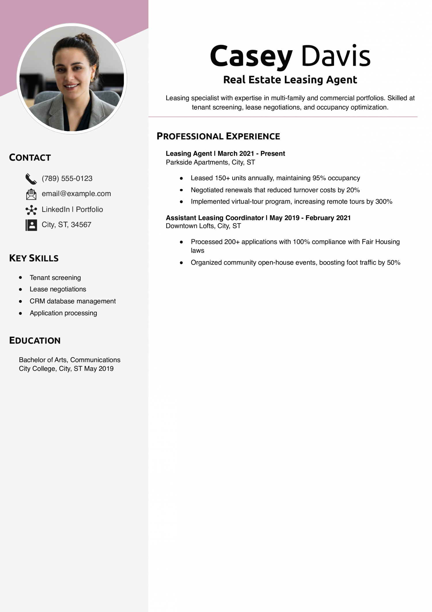 Real Estate Leasing Agent Resume Example